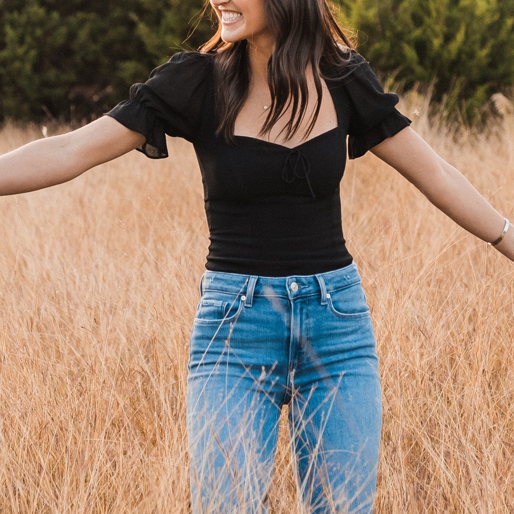 Reformation Black Puff-Sleeve Square Neck Top